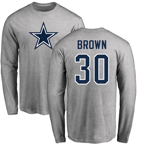 Men Dallas Cowboys Ash Anthony Brown Name and Number Logo #30 Long Sleeve Nike NFL T Shirt->nfl t-shirts->Sports Accessory